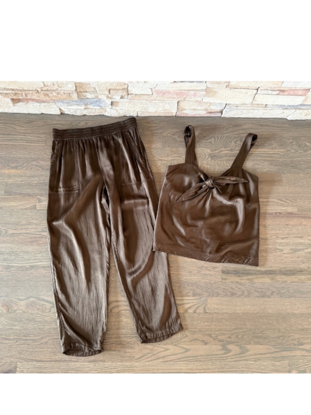 Raquel Allegra Brown Silk Tie Tank and Pants Size 2 M